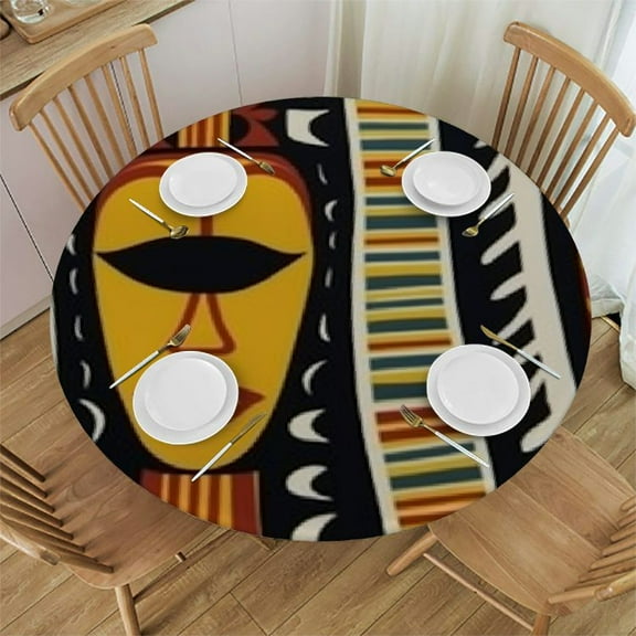 HAOXIT African Tablecloth, Elements Historical Original Striped and Round Shapes Design, Dining Room Kitchen Round Table Cover