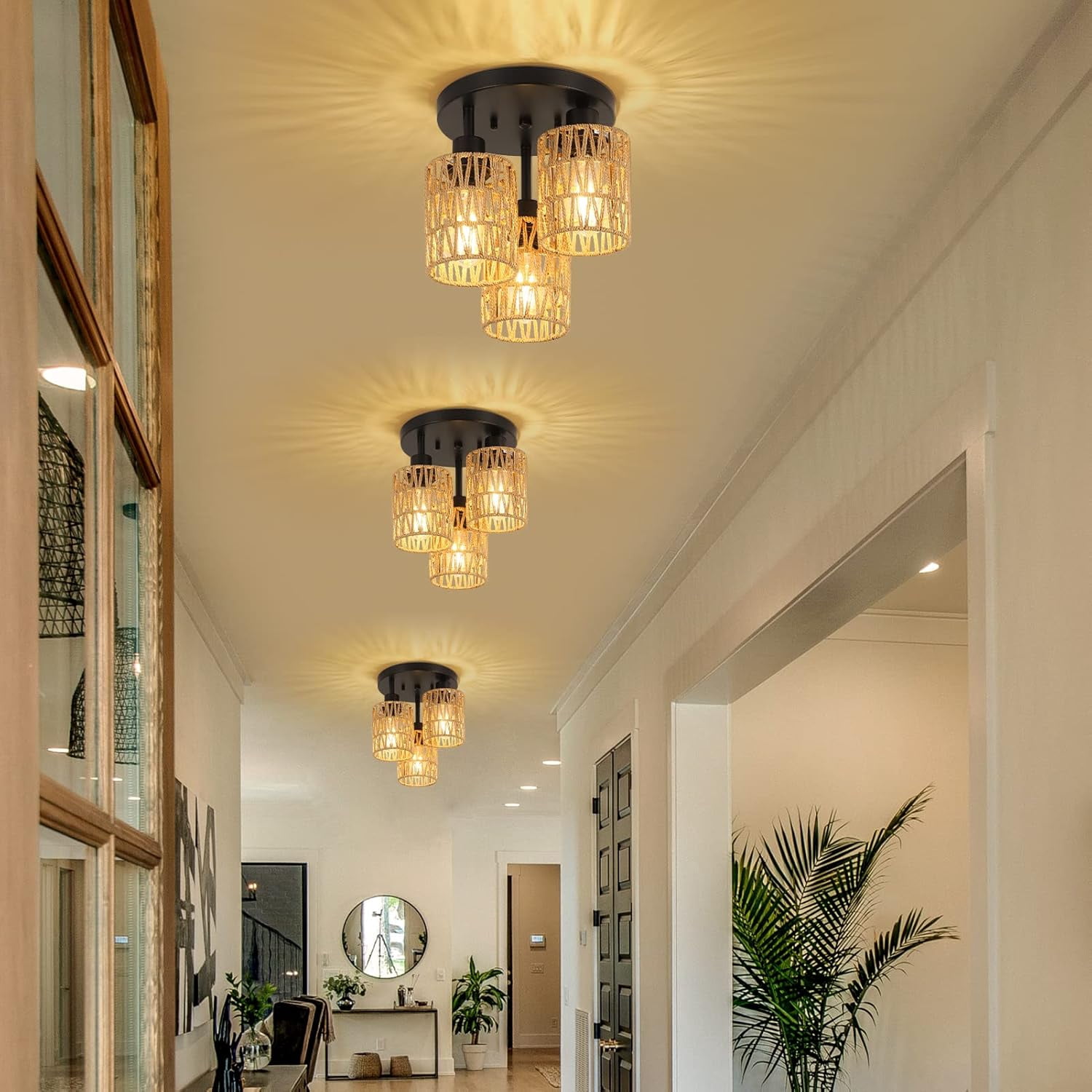 Table Lamp, Flush Mount, Brown Bedroom Lamp,Rattan+Metal LED Lamp, Lighting & Lamps
