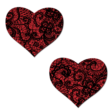 Love: Red Glitter with Black Lace Heart Nipple Pasties by Pastease®