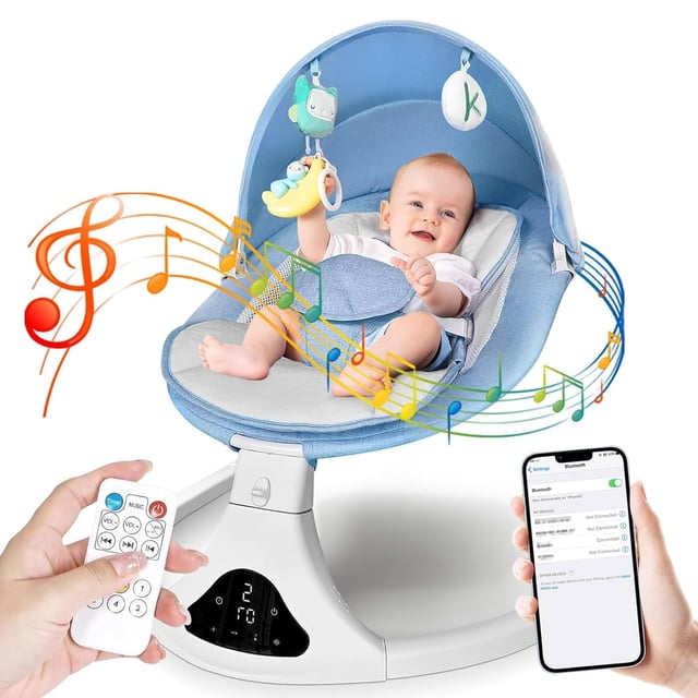 Columpio eléctrico para bebés y niños pequeños | Columpio portátil para bebés con control remoto, balancín con 5 velocidades, arnés de 3 puntos, 3 posiciones de asiento para bebés y niñas (azul)