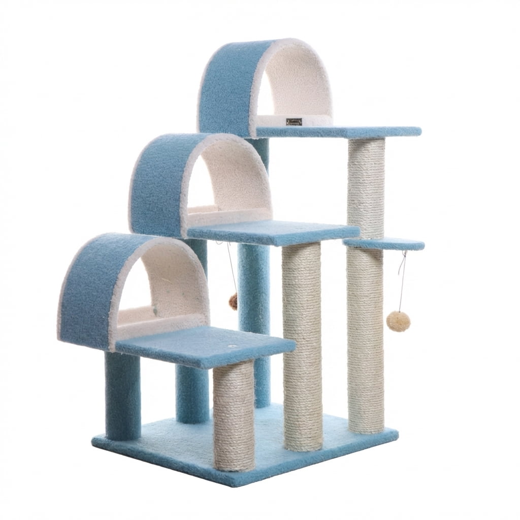 Multi-Level Cat Tree with Sisal Scratching Posts, Blue and Beige, 31x20x38 Inches, 3 Arched Condos, Hanging Toy Ball