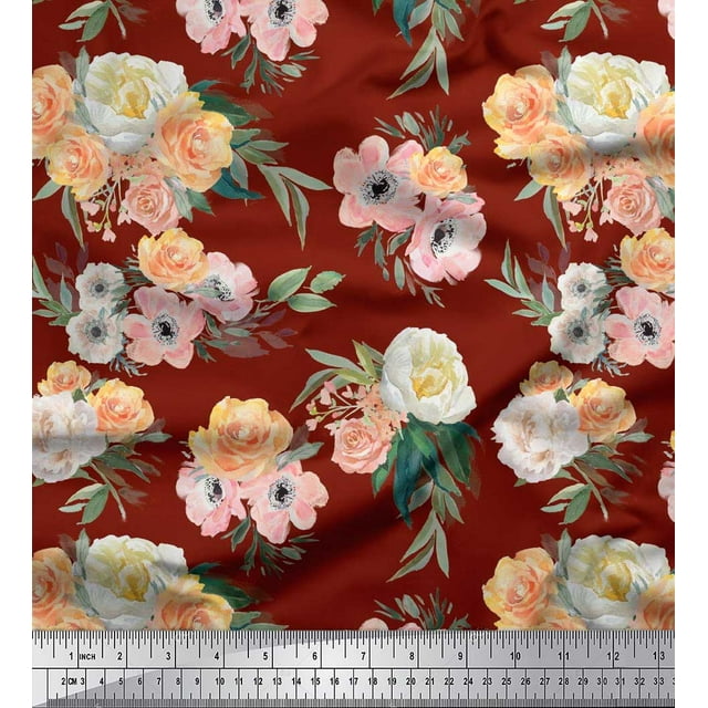 Soimoi Red polyester Crepe Fabric Anemone & Begonia Floral Print Fabric by Yard 42 Inch Wide