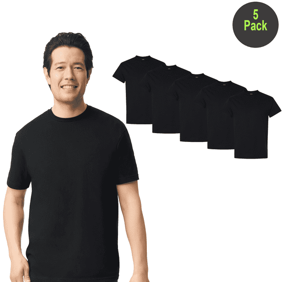 Gildan Men's Crew Neck Softstyle CVC T-Shirt, Short Sleeve Modern Fit Tee, Pitch Black, S, 5 Pack