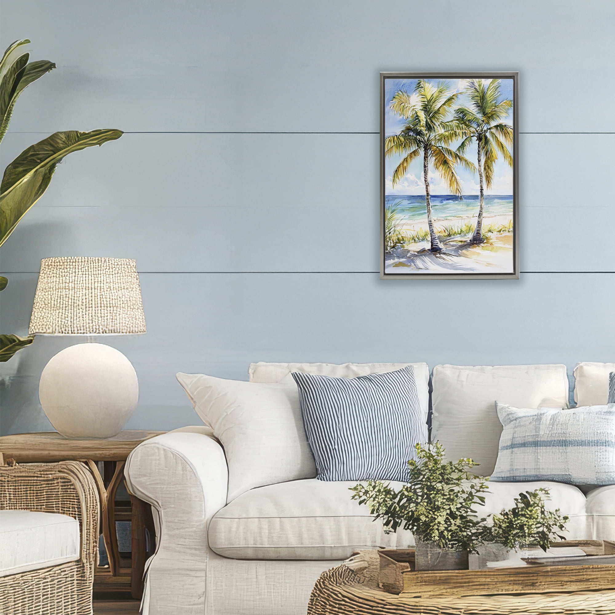 Stupell Industries Sandy Palms Duo Ocean View Gray Framed Floater Canvas Wall Art, design by Petal Prints Design
