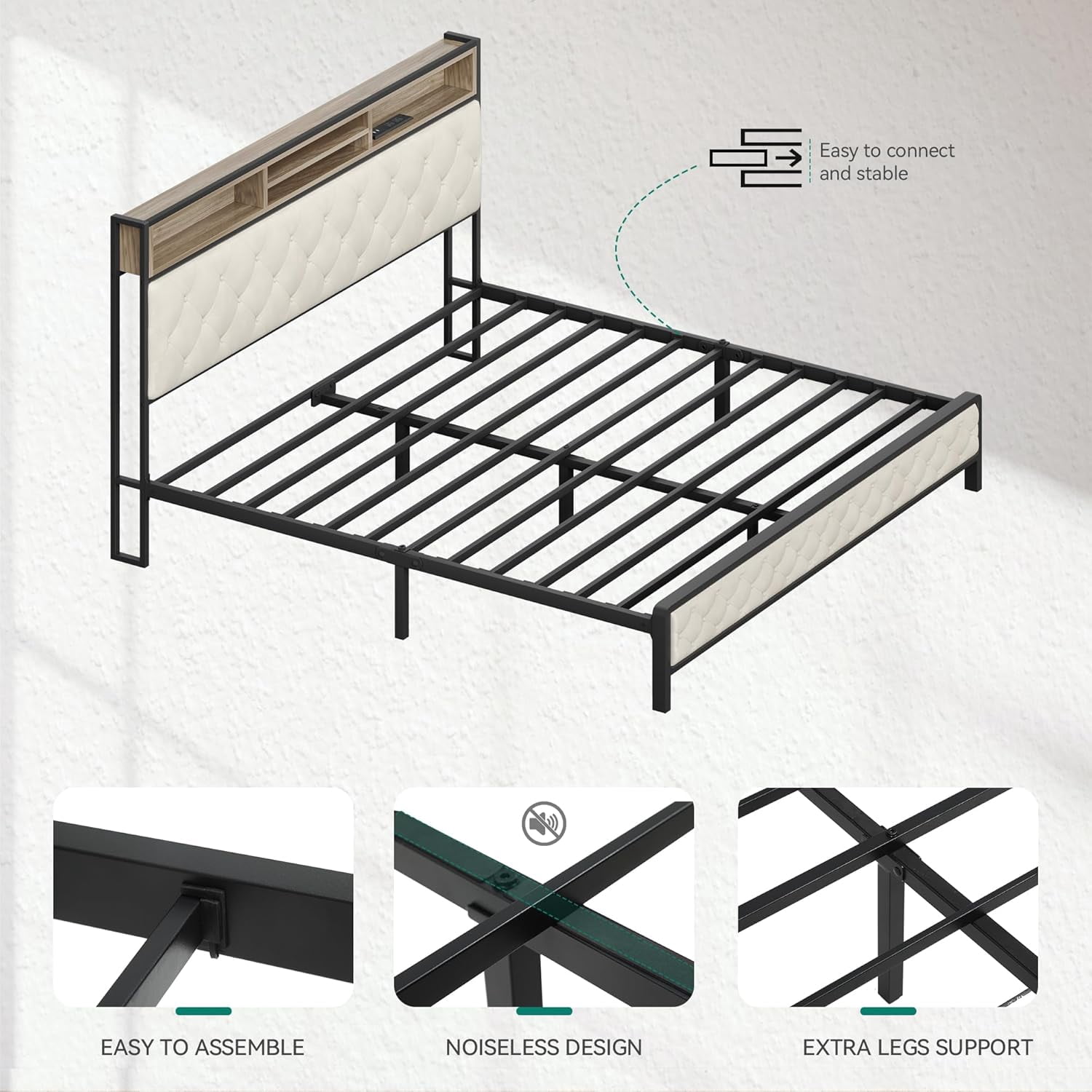 Newest King Size Platform Bed Frame with Charging Station - Beige Upholstered Storage Headboard for Master Bedroom & Guest Room Organization​