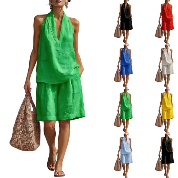 Linen Short Sets for Women 2 Piece Outfits V Neck Halter Tank Tops Knee Length Bermuda Shorts Beach Loungewear Set,Green XL