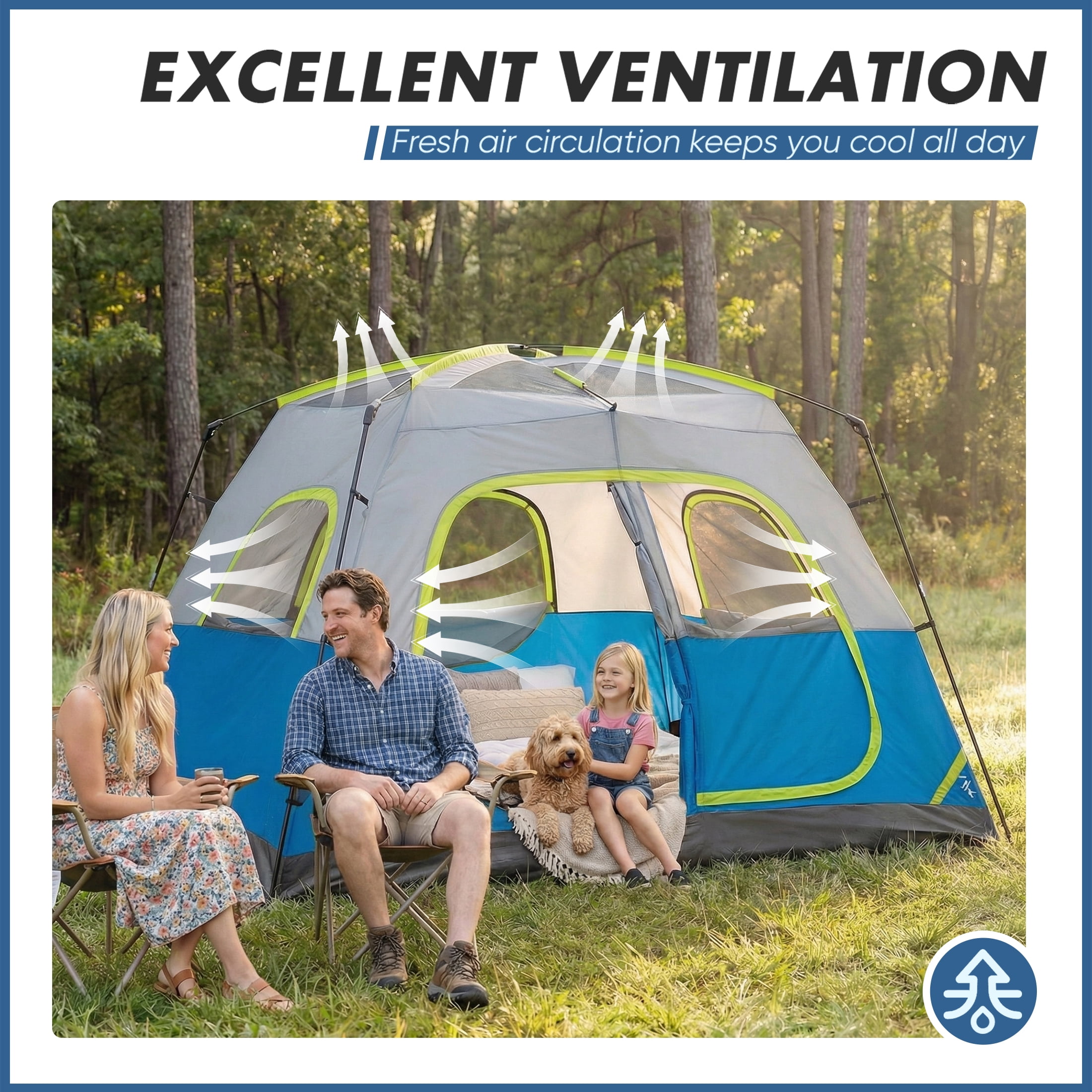 EDX 6 Person Waterproof & Windproof Family Camping Tent with Large Interior, Easy Setup Cabin Tent with Mesh Windows & Skylights, Portable Outdoor Tent for Car Camping, Hiking, Fishing, Blue