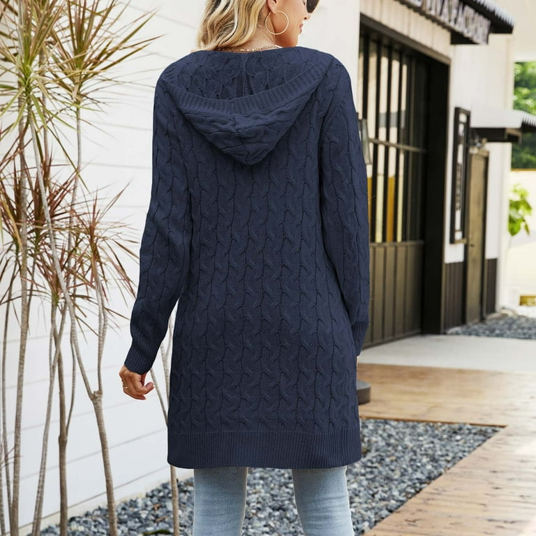 Solid chunky knit hooded casual long cardigan sale