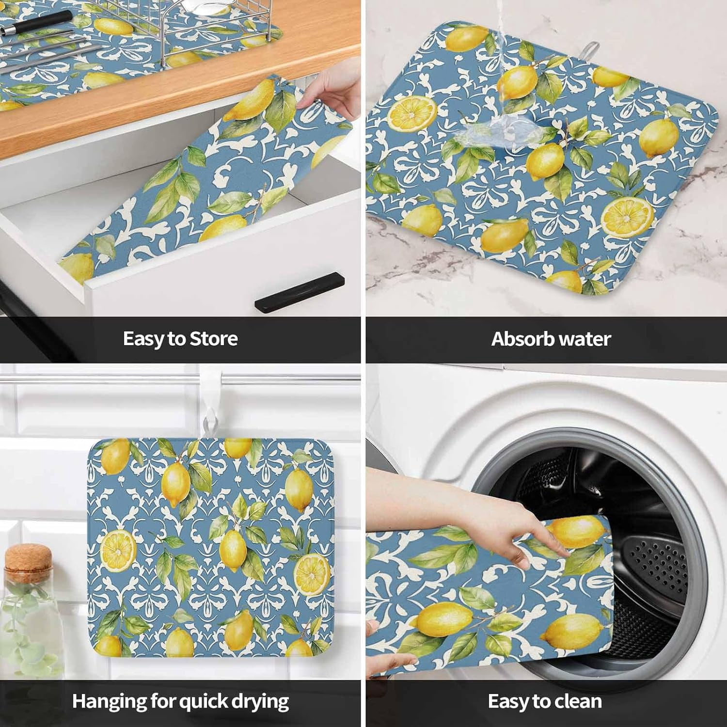 Summer Lemon Dish Drying Mat for Kitchen Counter, Green Botanical Blue Watercolor Fruits Baby Bottle Microfiber Drying Pad, Absorbent Coffee Cup Dishes Drainer Mats 18"x24", 1 Pcs