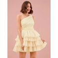 thumbnail image 4 of Yellow One Shoulder Ruffle Waist Layered Mesh Mini Dress For Sweetheart Occasions, 4 of 8
