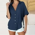 thumbnail image 2 of Kaemgyyd Womens Button down Shirts Rolled up Half Sleeve Cotton Linen Beach Vaction Tops Wrinkle Free Loose Fit Side Slit Blouse, 2 of 7