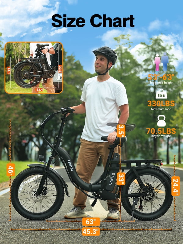 ESKUTE D200 Electric Bike for Adults 1200W Peak Motor 28 Mph, Folding Fat Tire E‑Bike, 48V 10.4Ah Up to 55 Miles, with 7‑Speed Step‑Through Cargo Fold E Bicycle, NFC Unlock, Black with Lock, UL2849