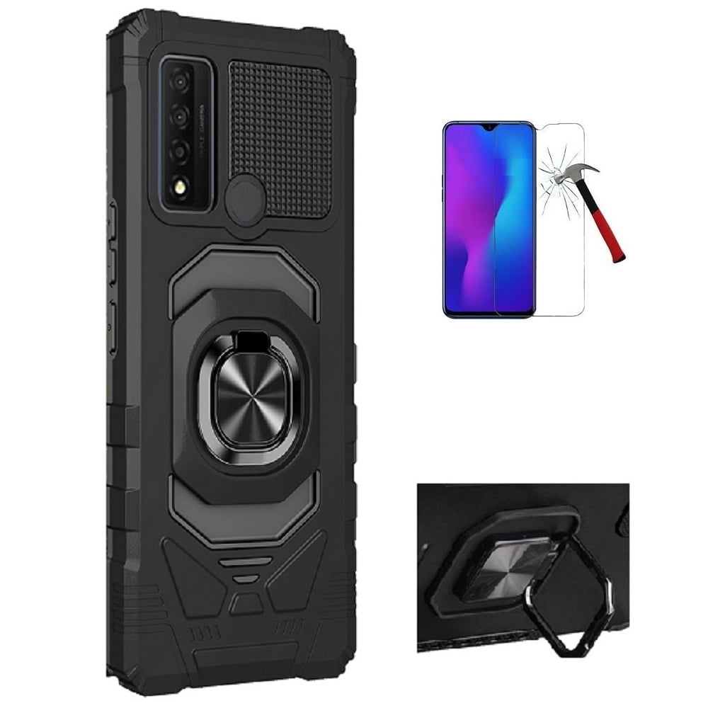 Phone Case for TCL 4X 5G/ TCL 4X 5G (Straight Talk)/ TCL 20A 5G,  Ring Stand Tough Hybrid Case Cover with Tempered Glass (Black)