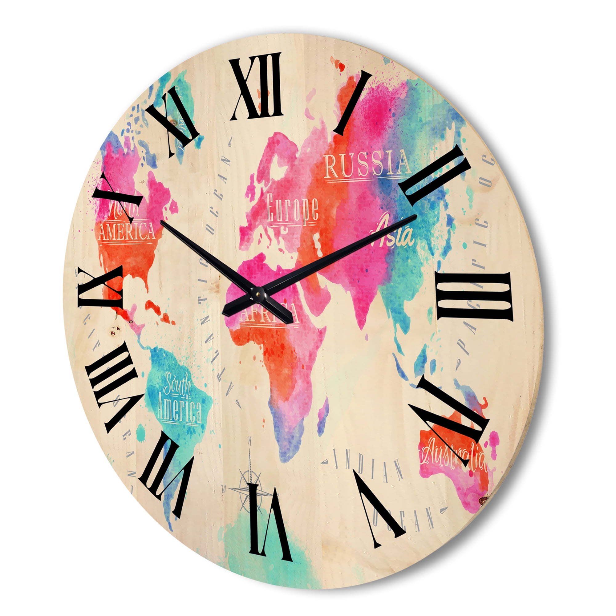 Designart 'World Map In Blue and Pink' Modern Wood Wall Clock