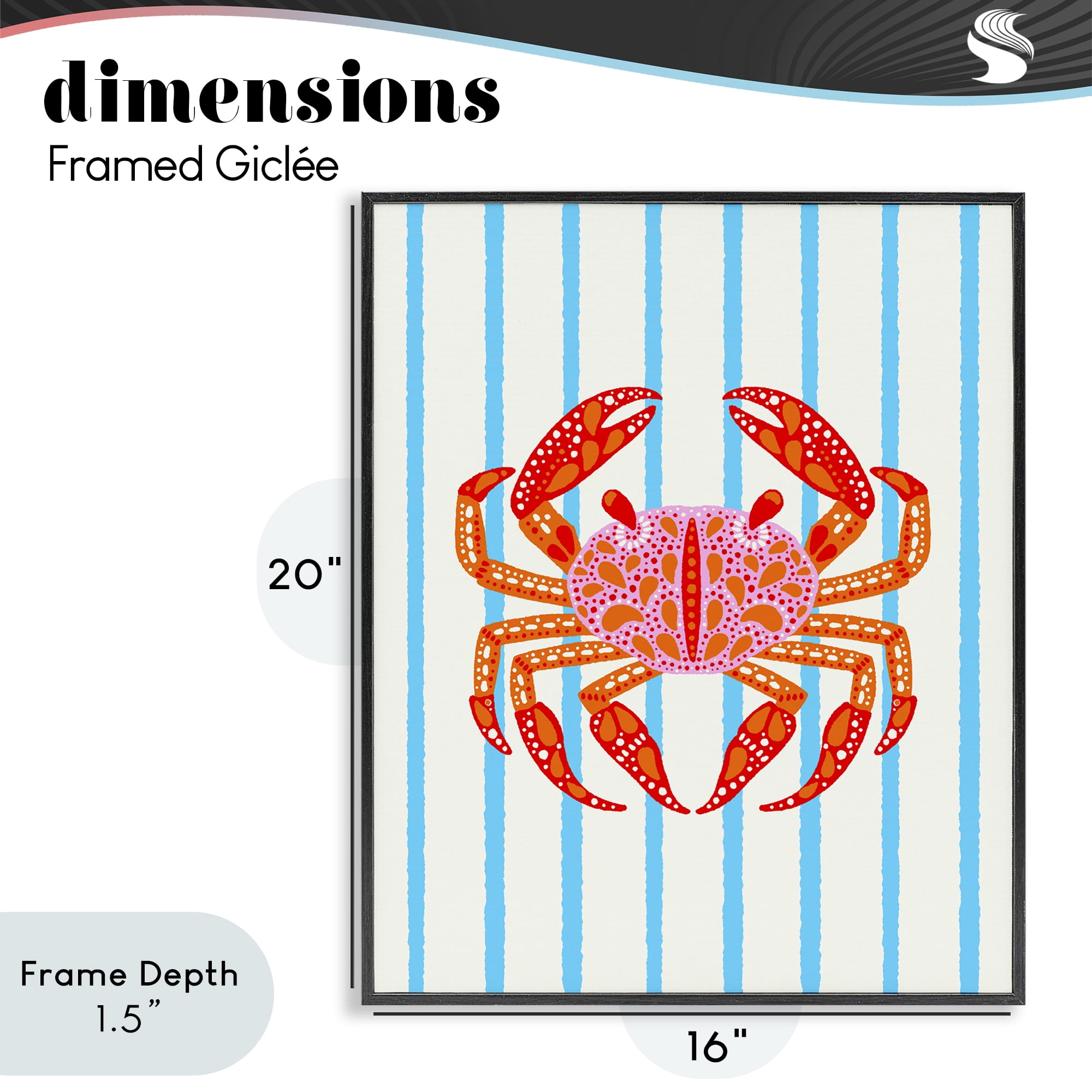 Stupell Industries Bright Crab on Stripes Black Framed Giclee Art, design by Indira Prieto | IndySign