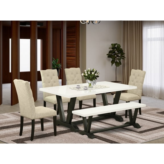 Seaside Style Dinette Set - 6 Piece Kitchen TableChair Set - Linen White Parson ChairsBench