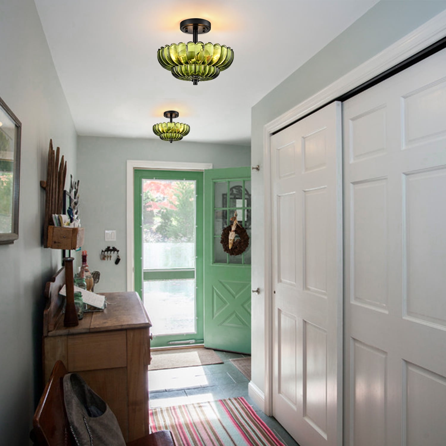 Como 3-Light Modern Black Semi Flush Mount Ceiling Light with Scalloped Green Glass Shade