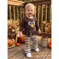 thumbnail image 5 of RUINIXCW Toddler Baby Girl Thanksgiving Halloween Outfit Infant Baby Girls Fall Clothes Turkey Ghost Embroidery Long Sleeve Ruffled Shirt Tops and Striped Bell Bottoms 2 Pcs Set, 5 of 9