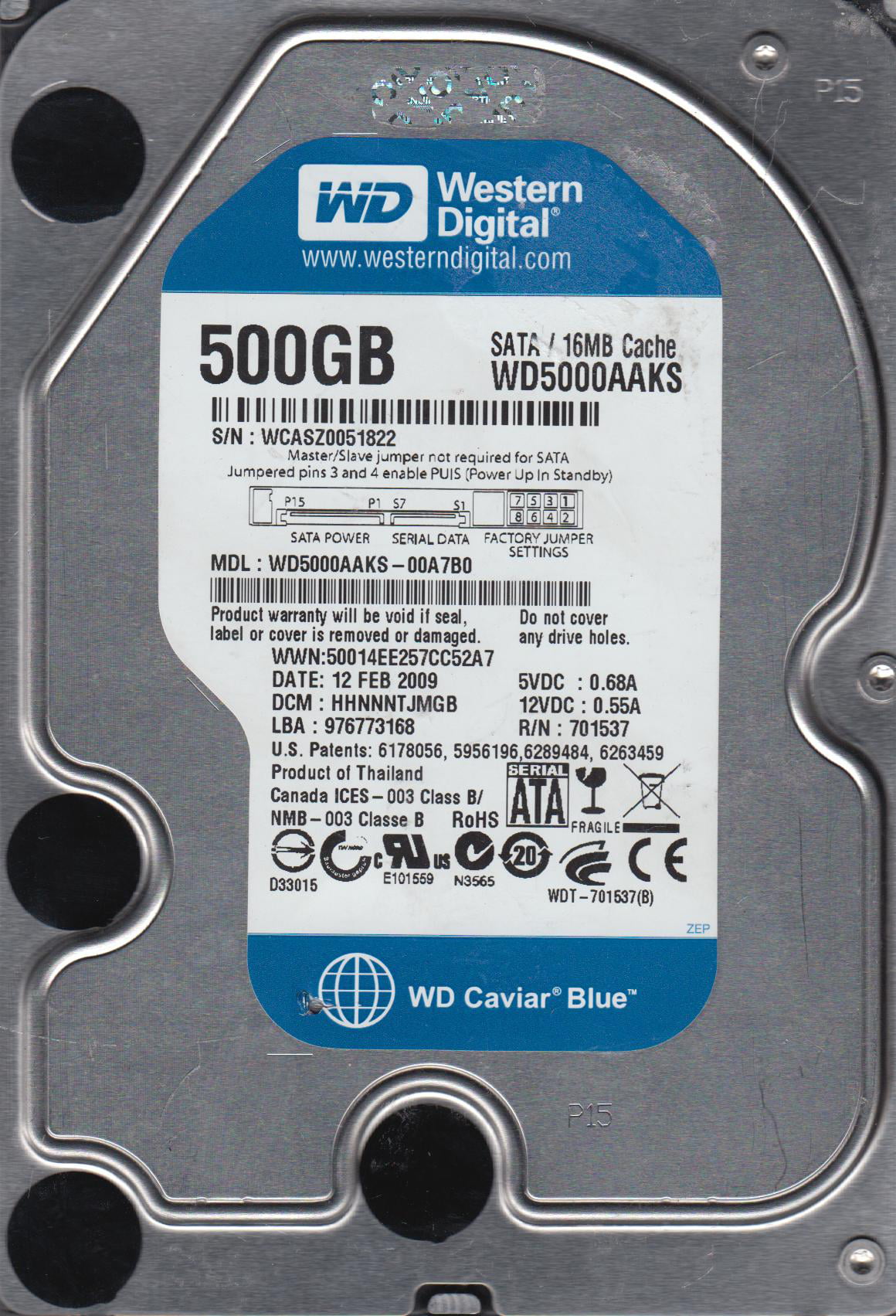 Western Digital 500GB SATA 3.5 Bsectr HDD WD5000AAKS-75A7B2 DCM HHNNHT2MH 