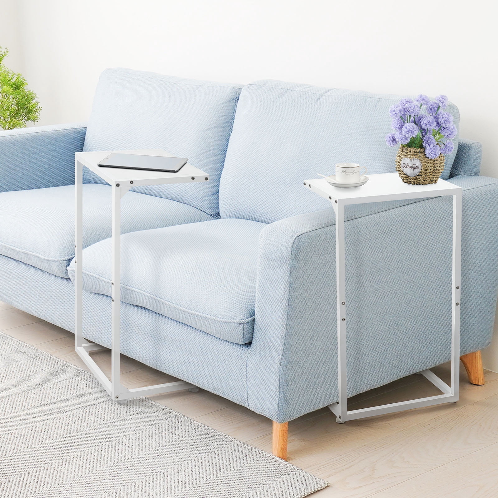 Horizontal Flat C‑Shaped Side Table, Single Piece White End Table for Sofa and Bedside