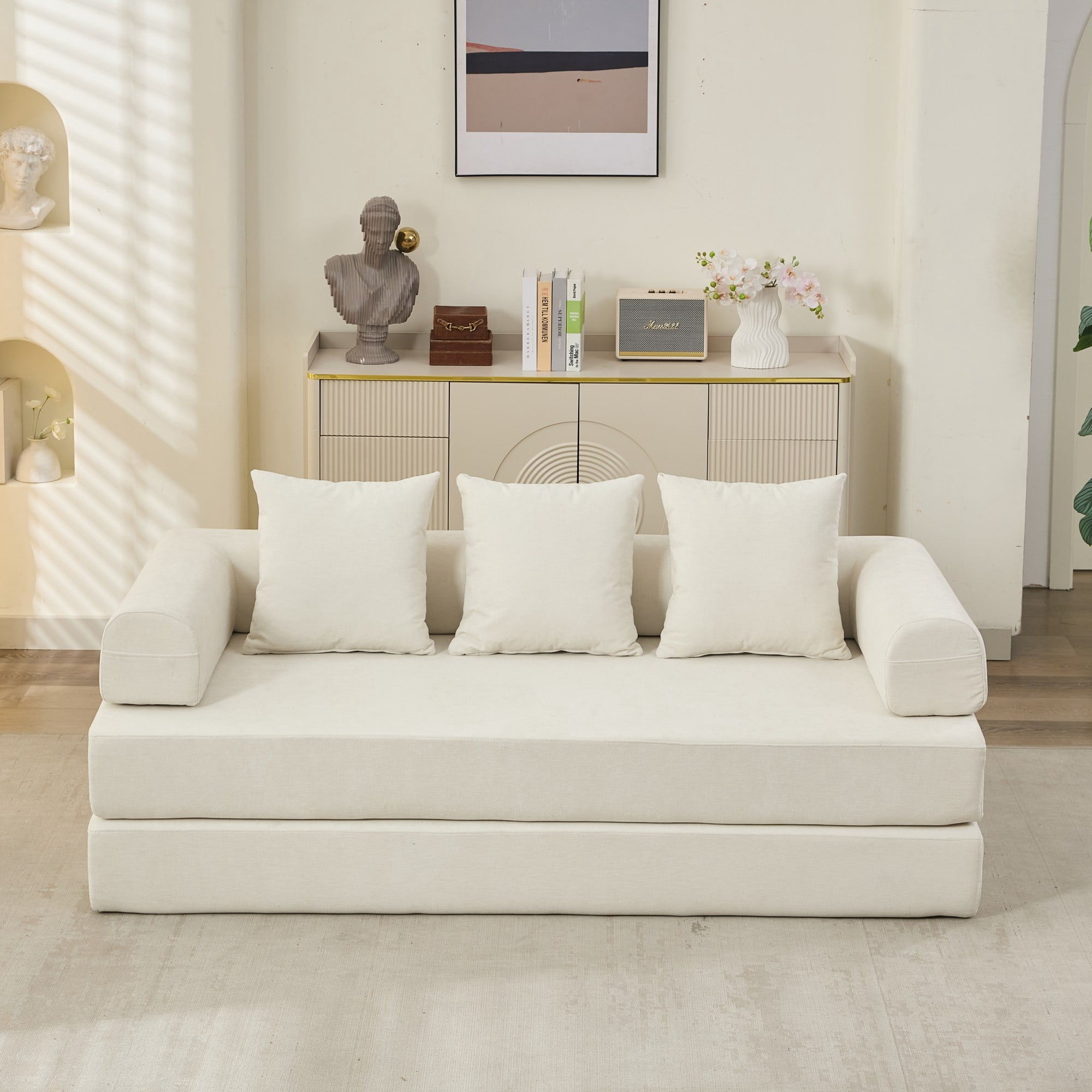Leumius 78.8" Convertible Futon Sofa Bed, Boneless Couch for Living Room, Chenille Boneless Loveseat Sleeper Sofa, Foldable Floor Sleeper Mattress Lounge for Living Room Bedroom, No Assembly,Beige