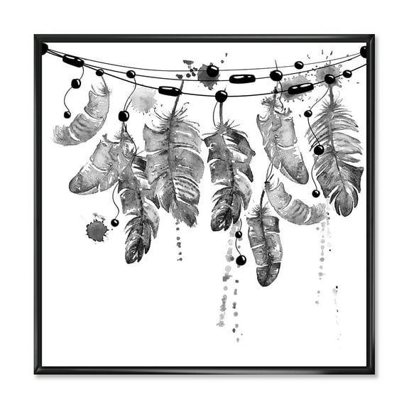 Designart 'Hanging Monochrome Bird Feathers' Bohemian & Eclectic Framed Canvas Wall Art Print