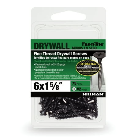 Fas-n-Tite Fine Thread Drywall Screws, #6 x 1-5/8" Interior Screws, Phillips, 75 pack