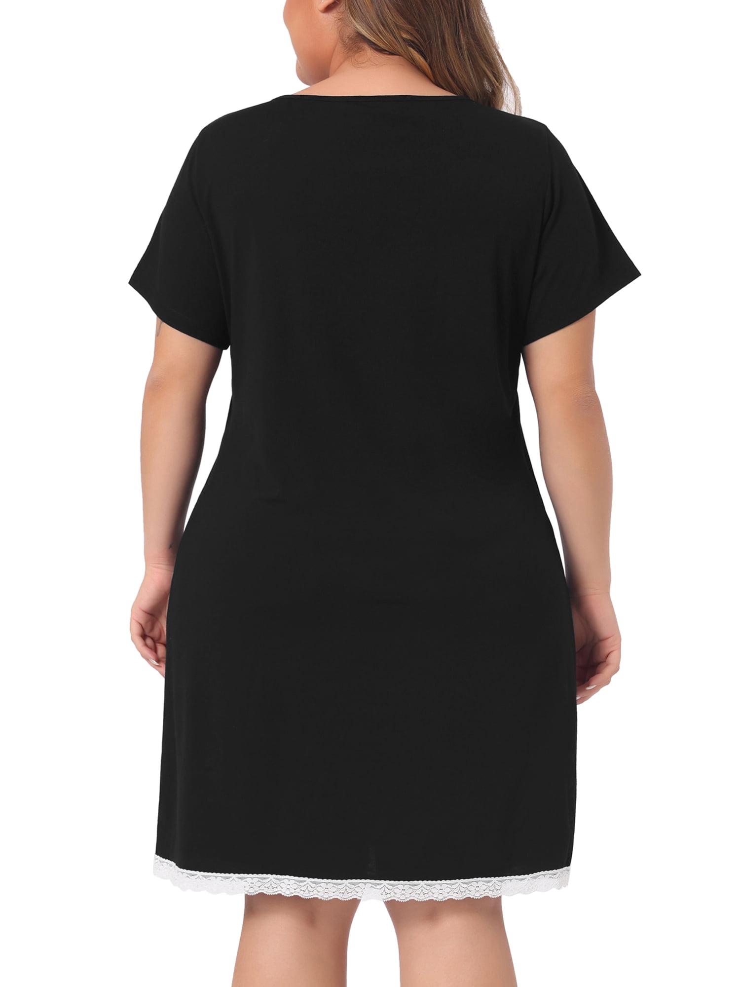 DARING DIVA Women's Plus Size Soft Short Sleeve Lace Trim Nightgown 1X Black