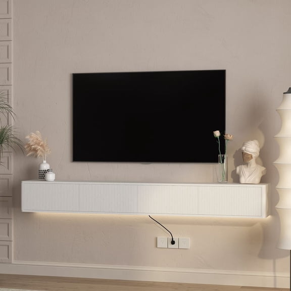 WGYPRIME 78.74" Modern Floating TV Stand, Wall Mounted TV Cabinet with Led Lights & Power Outlet, High Gloss TV Console for Living Room