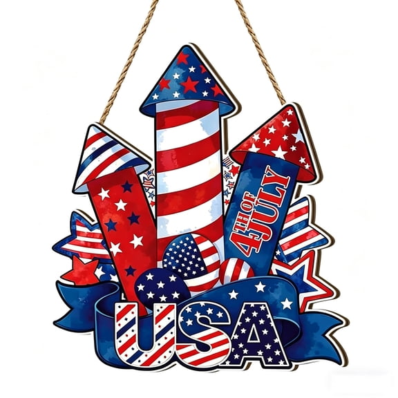 Wooden Doorplate Pendant Blue Independence Day Wall Sign Holiday Decor