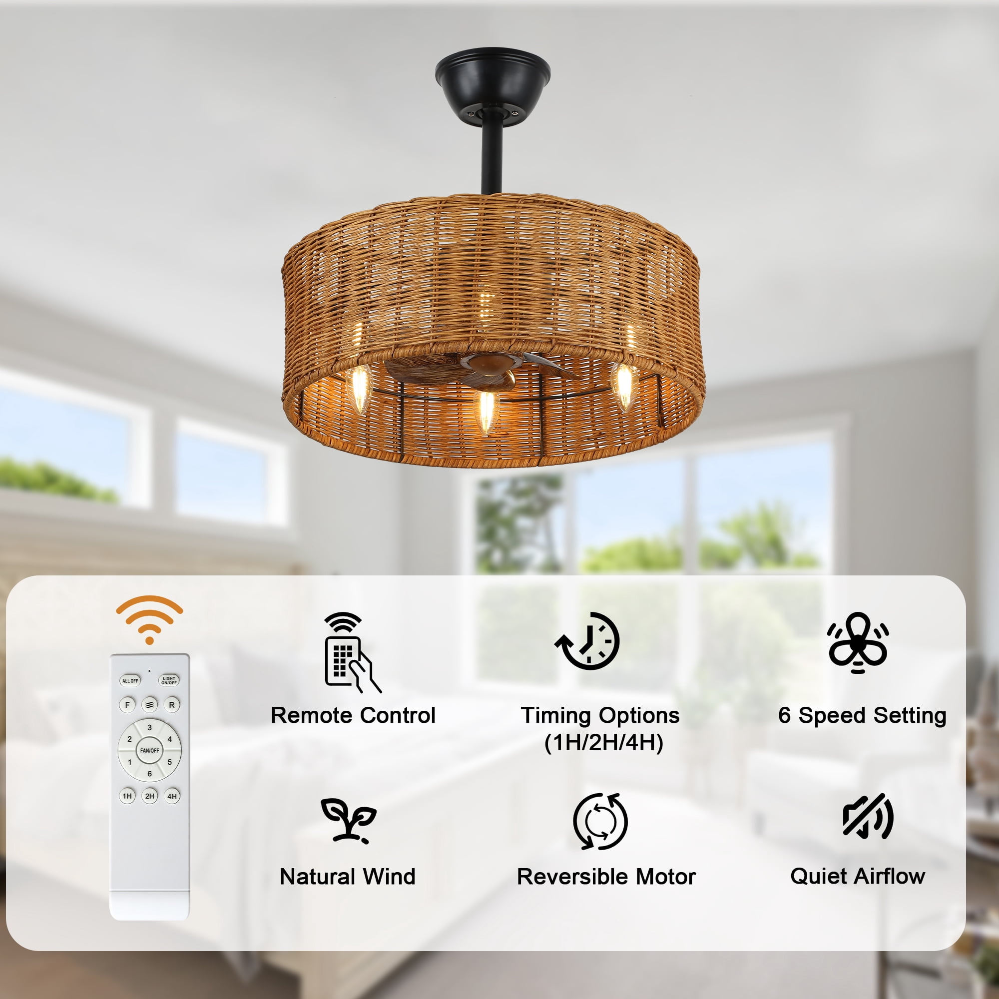 18" Bohemia Rattan Ceiling Fan with Light and Remote Control 6-speed Reversible DC Motor Farmhouse Chandelier for Bedroom