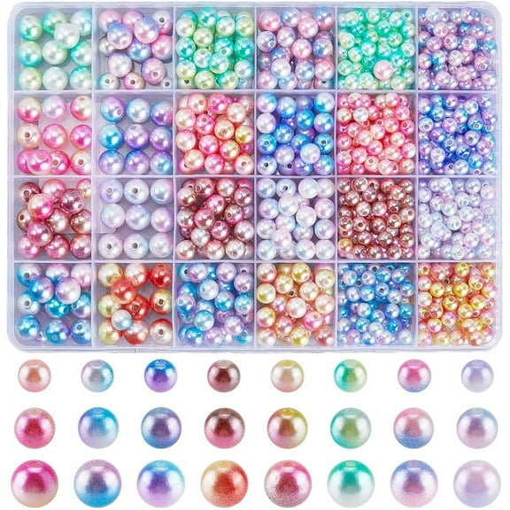 1 Box 880Pcs 24 Styles Pearl Plastic Beads Round Bead Bulk Assorted Pearls Glitter Filler Gradient Loose Spacer Beads for Bracelets Jewelry Making DIY Crafts Accessories Mixed Color