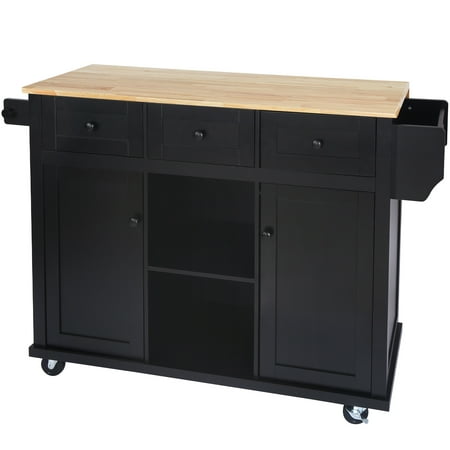 Kitchen Cart with Rubber wood Drop-Leaf Countertop Cabinet door internal storage racks Kitchen Island on 5 Wheels with Storage Cabinet and 3 Drawers for Dinning Room Black