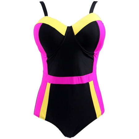 Women's Retro One Piece Swimsuit Plus Size Padded Halter Vintage Swimsuit (Colorblock Monokini,