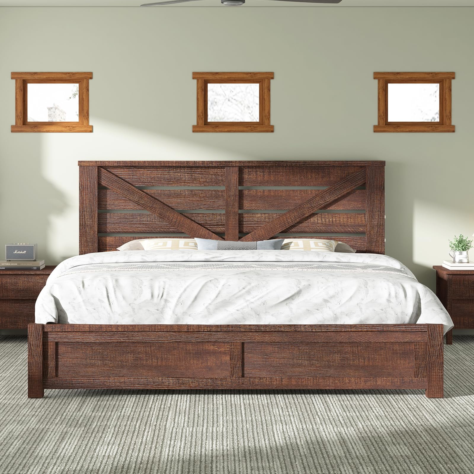 LUXOAK King Size Farmhouse Bed Frame with Rustic Barn Door, Storage Space and Wood Slats, Brown