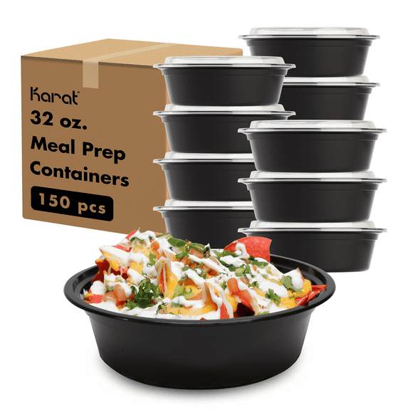 Karat [150 Pack - 32oz] Microwavable Meal Prep Containers with Lids | Black Round Plastic Food Containers (IM-FC4032B)