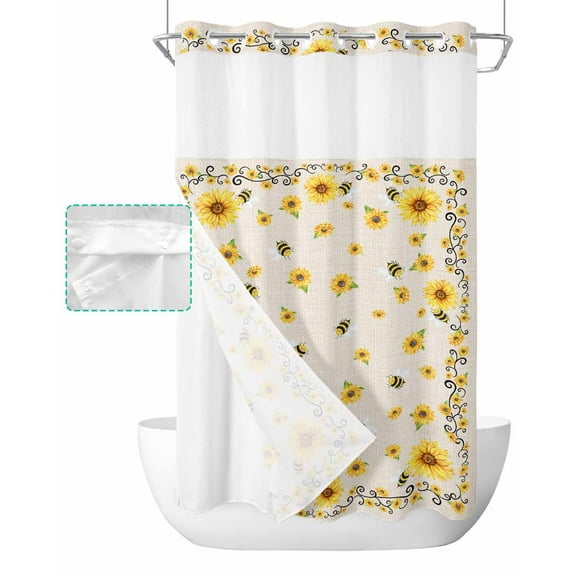 No Hook Shower Curtain with Snap in Liner, Bee Golden Sunflowers Retro Floral Linen Hotel Shower Curtains for Bathroom, Washable Shower Curtain Liner Set with Mesh Top Window, 54"x78"