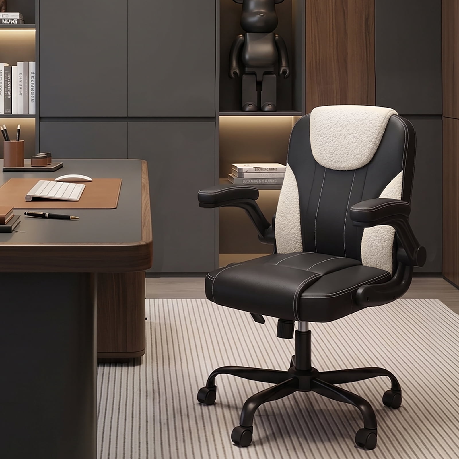 Pinmoco Ergonomic PU Leather Office Chair, High Back Executive Computer Desk Chair with Double-Layer Cushion, Swivel Gaming Chair with Wheels and Flip-Up Armrests, Black White