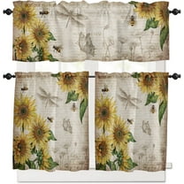 3 Piece Kitchen Curtains Tiers and Valances Set, Farm Retro Newspaper Sunflower Dragonfly Bee Rod Pocket Short Window Treatment Tiers Curtains Panel and Valance for Cafe Bathroom