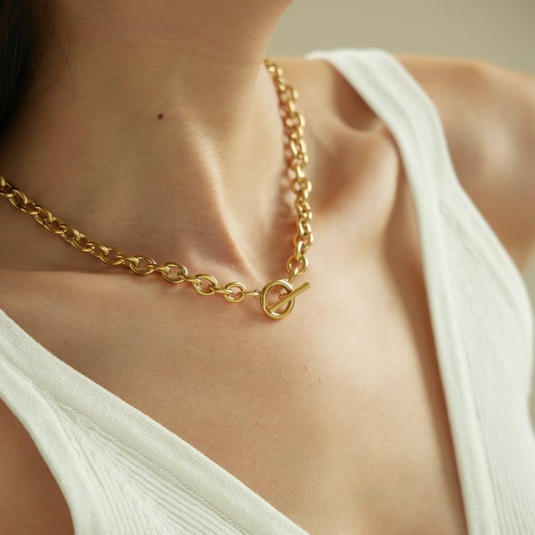 Kyazeo Chunky Toggle Necklace 18K Gold Plated Simple Chain Link Kyazeo Chunky Toggle Necklace 18K Gold Plated Simple Chain Link