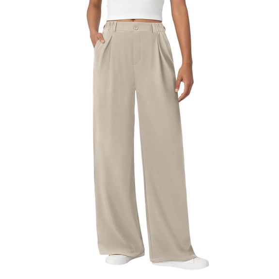 Arlun Womens Stylish Dressy Pants Wide Leg Stretchy Pure Color Work Pants with Pockets Elastic Waist Pleated Front Business Casual Slacks for Everyday Wear Khaki XL