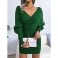 thumbnail image 4 of Women'S Cocktail Batwing Long Sleeve Wrap Knit Sweater Mini Dress Green S, 4 of 9