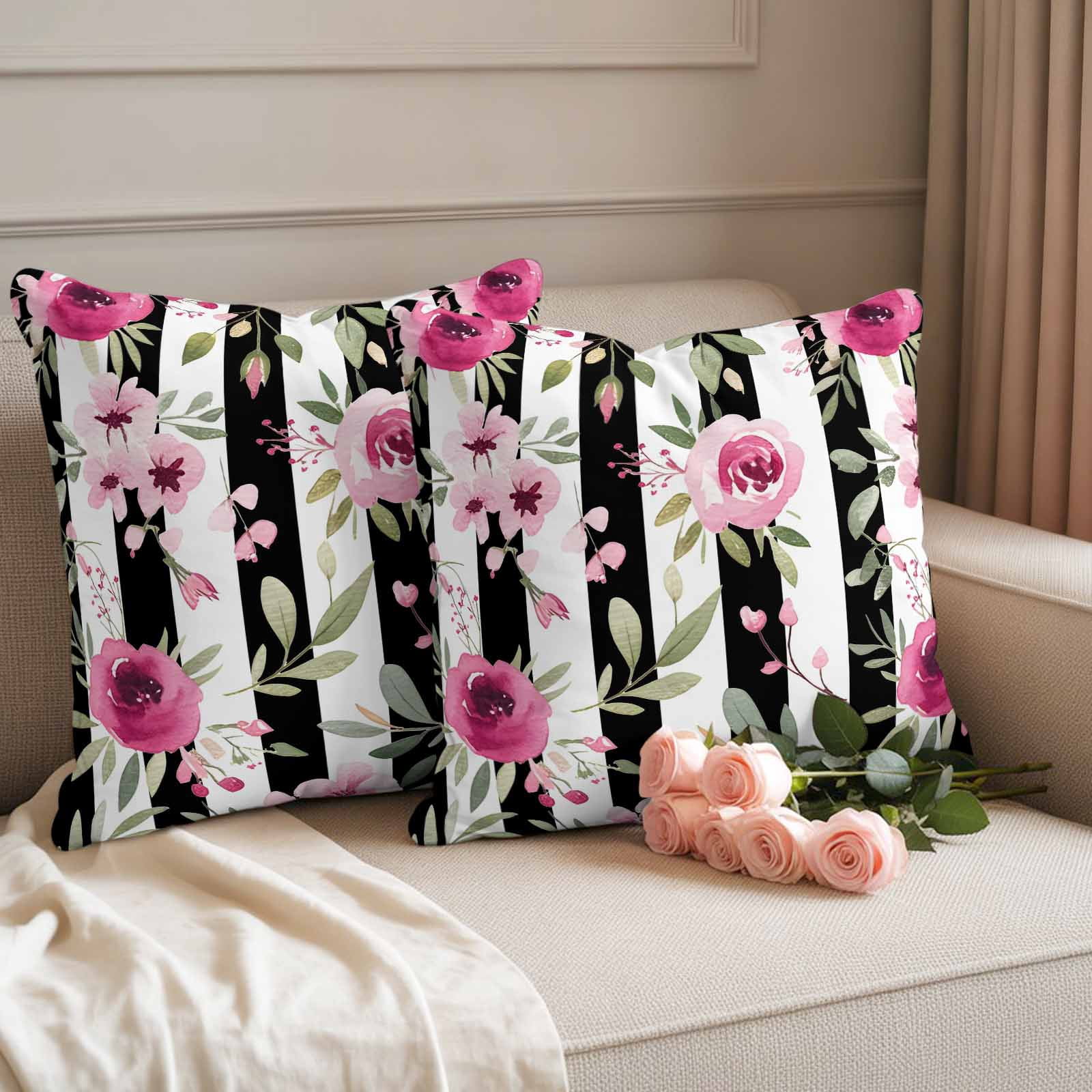 Outdoor Waterproof Throw Pillow Covers Set of 2 Pink Flowers Decorative Pillowcases Square Outdoor Pillows Cushion Case 18x18 Inch Floral Leaves Black Stripes Patio Pillows for Couch Sofa Bed Garden