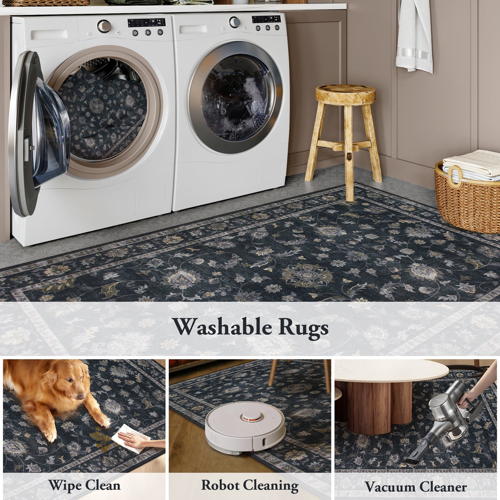 Lahome Decor Floral Area Rug 6'x9', Machine Washable Rugs for Living Room, Non Slip Rug with Vintage Printed, Low Pile Carpet for Bedroom Dining Room Home Office, Black