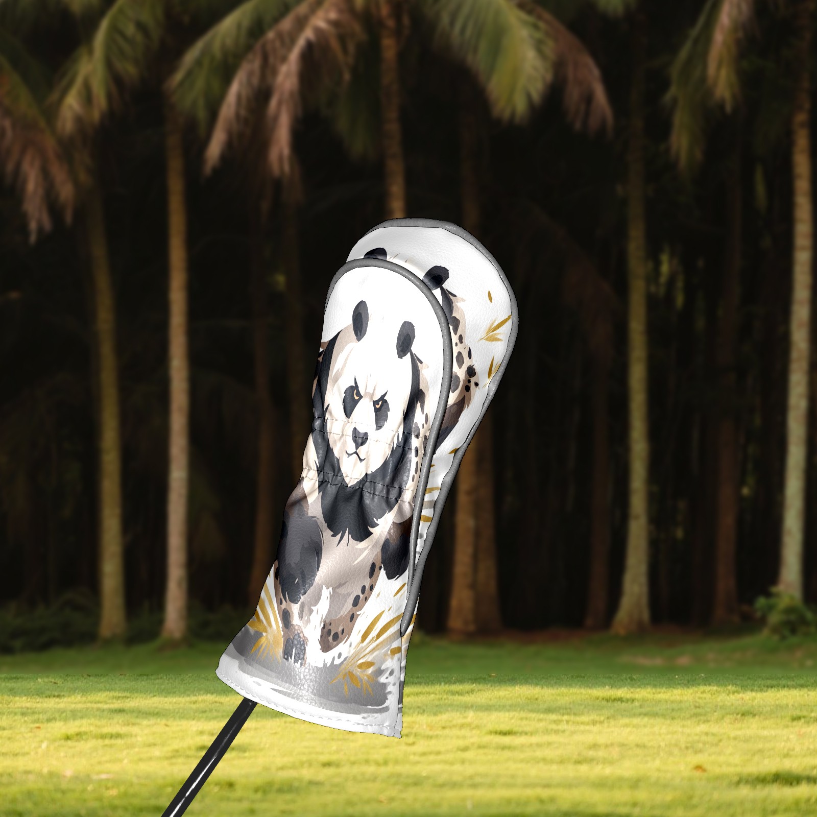 Club Head Covers - Panda Brown Design, Premium PU Leather Driver Hybrid Headcovers with Velvet Lining, Waterproof Golf Gifts for Men Women