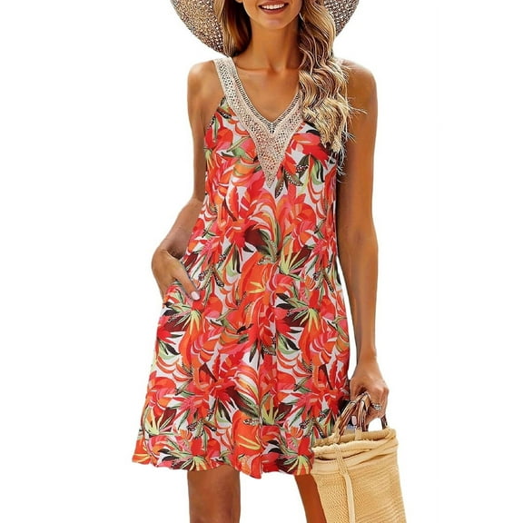 Summer Dresses for Women Beach Lace V-Neck Sundresses Casual Tropical Print Sleeveless Short Dress Red S