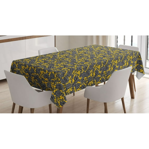 Floral Tablecloth, Rhythmic Grunge Style Peonies Sketch Like on a Summer Tone Background, Rectangle Satin Table Cover for Dining Room and Kitchen, 60" X 90", Charcoal Grey and Yellow, by Ambesonne