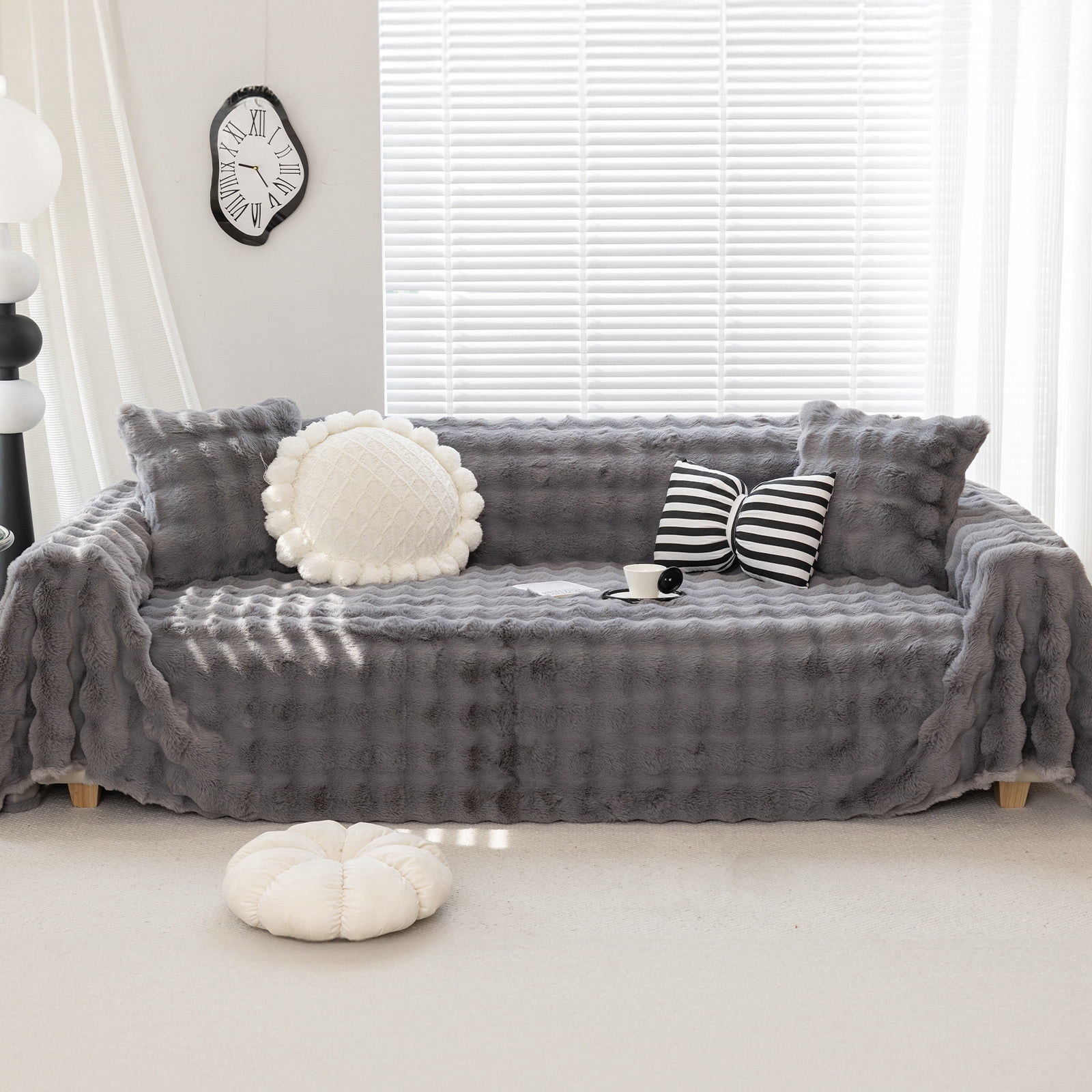 WOOW DEPOT Warm Faux Rabbit Fur Sofa Cover Machine Washable, Thick Throw Blanket L Shape Slipcover for 3 Cushion Couch, Dark Gray 71"x134"