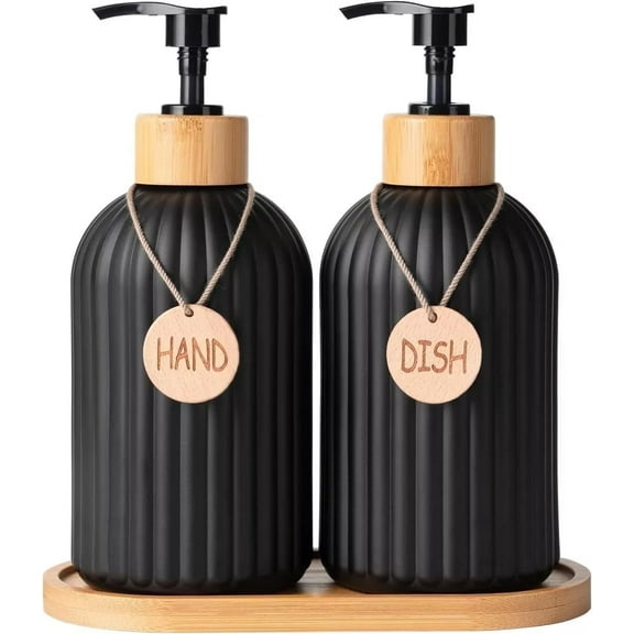 Glass Soap Dispenser Set, Contains Glass Hand Soap Dispenser and Glass Dish Soap Dispenser with Bamboo Base, Suitable for Concise Kitchen Decor, Black