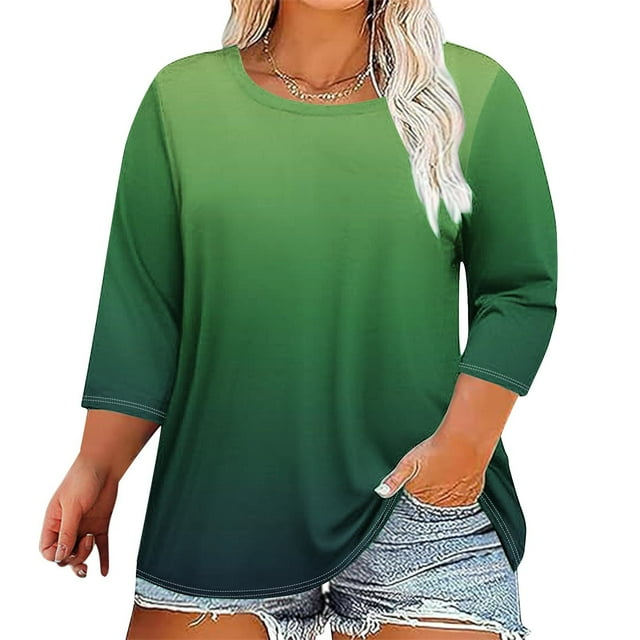 Liquidation à Moins de 3! Sevevn T-shirt Ample à Manches Trois-Quarts et Col Rond Imprimé pour Femmes Grande Taille, Fin d'Année, Vert TTTG